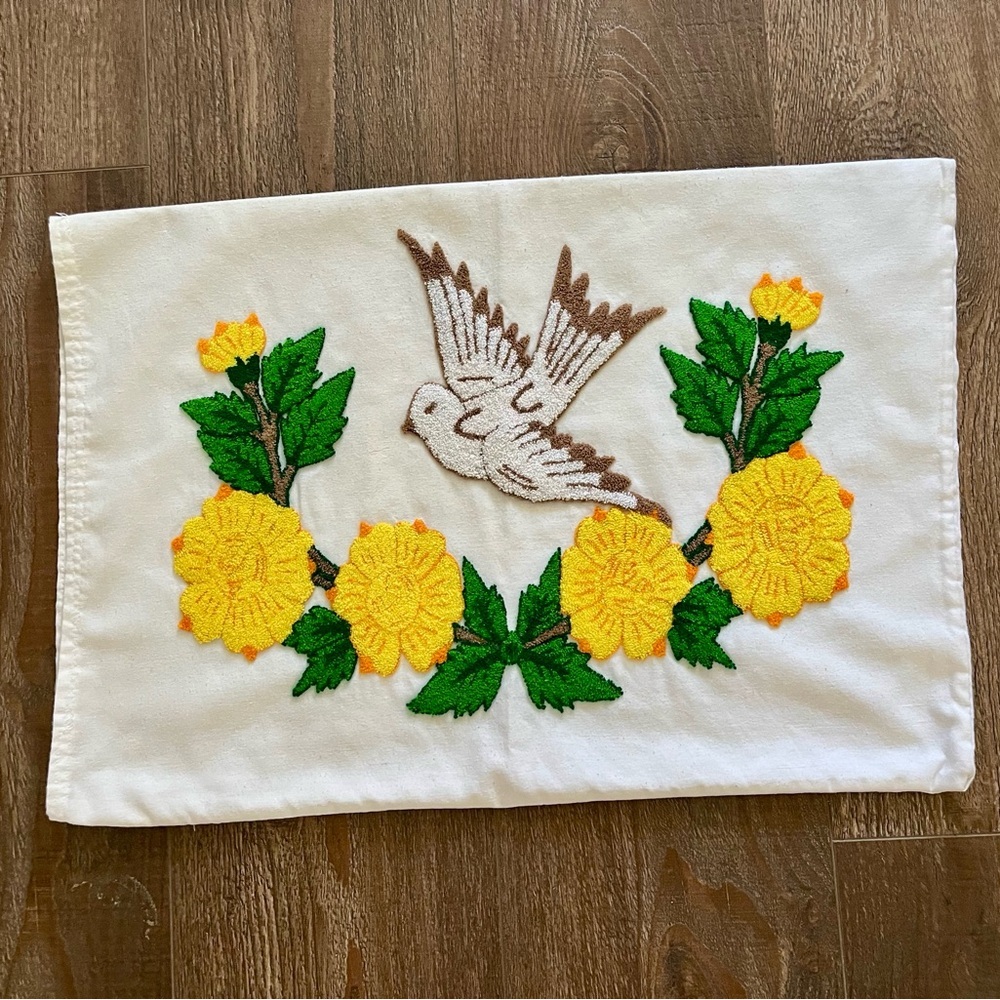 Embroidered Bird and Floral Pillow 17/25 inches - Picture 6 of 12